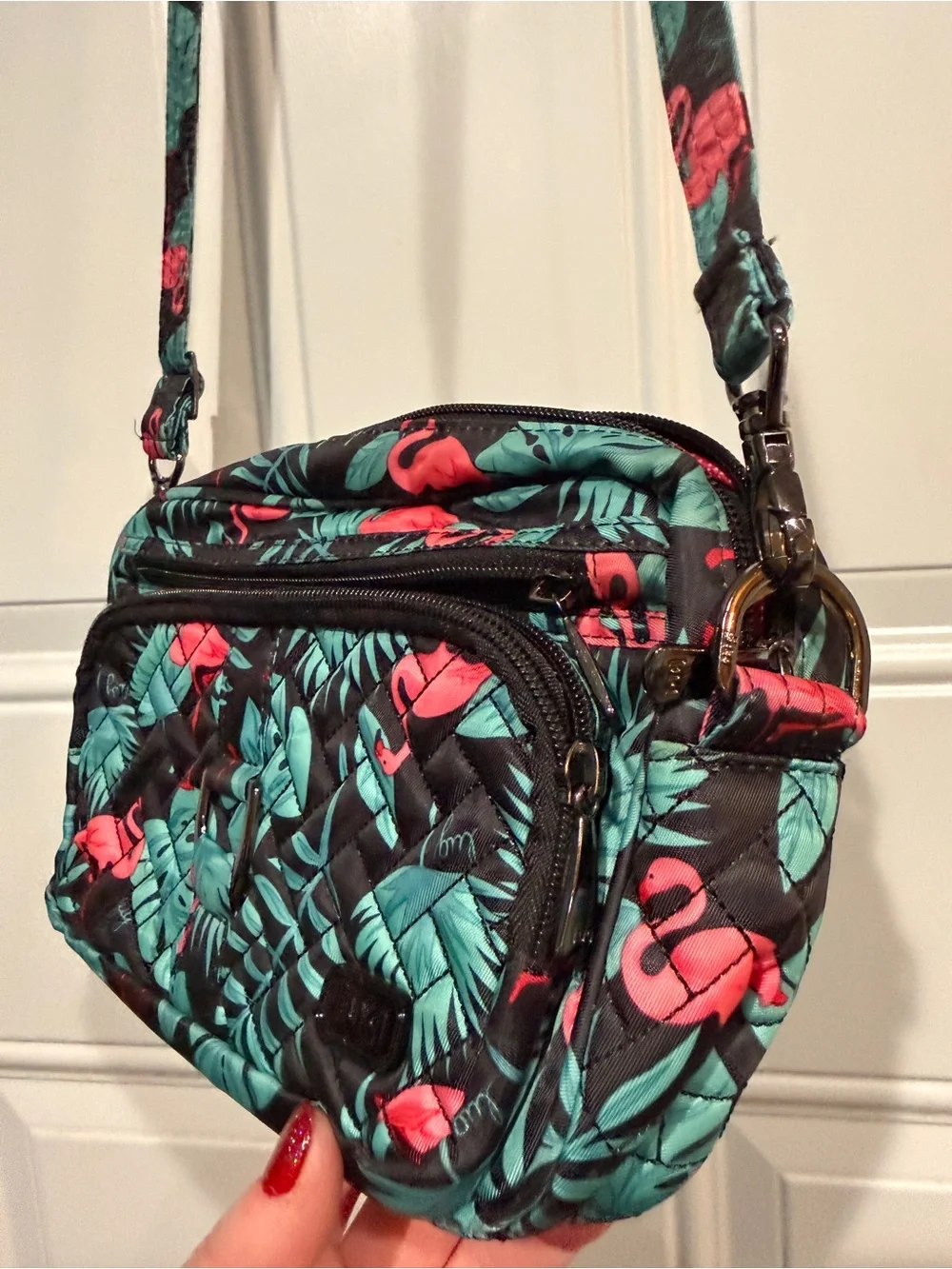 LUG Quilted Flamingo Print Crossbody Bag - Black/Teal/Pink